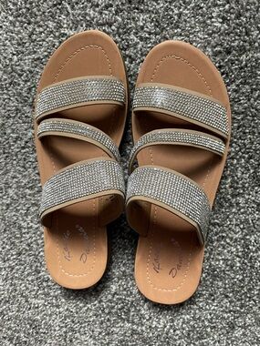 Embellished Tan Slide Sandals with Silver Crystal Straps